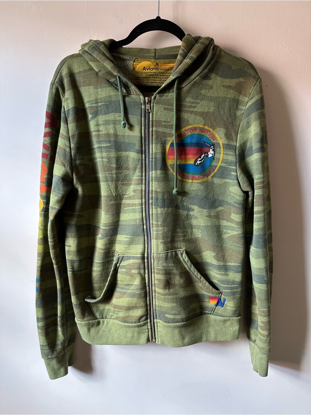 Aviator Nation Camo Full Zip Hoodie Rainbow Sleeve Logo Size Medium